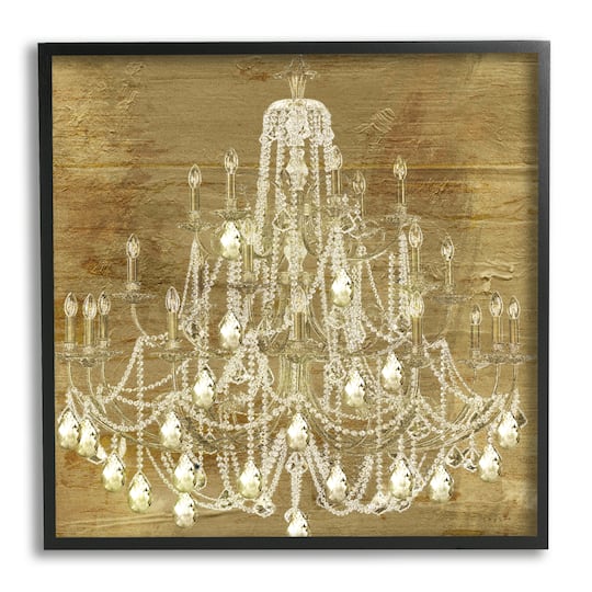 Stupell Industries Vintage Glam Crystal Chandelier Rustic Distressed Gold Background Framed Wall Art